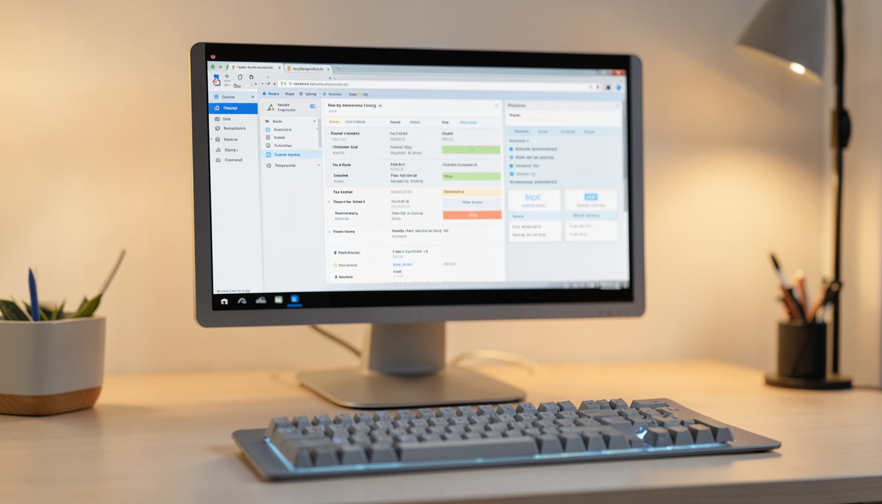 A clean desktop workspace with a monitor displaying a software release management interface, warm ambient lighting, and a tidy keyboard area in muted grays and soft blues.