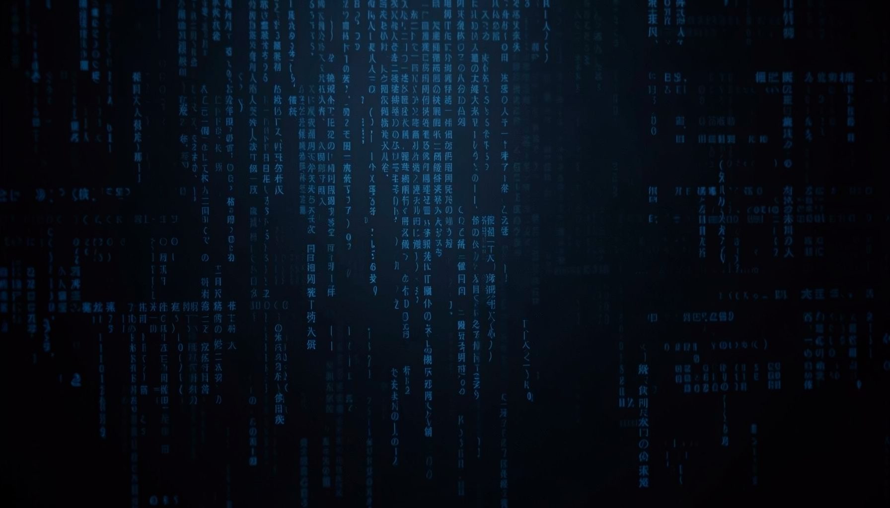 Dark atmospheric background with abstract code-like patterns in deep blue and charcoal tones