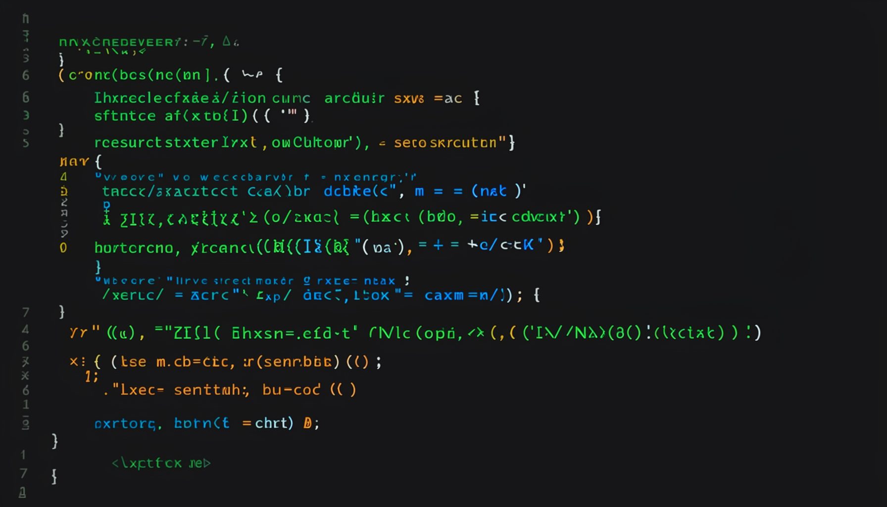Dark screen with colorful regular expression patterns and syntax highlighting glowing in green, blue, and orange against a deep charcoal background