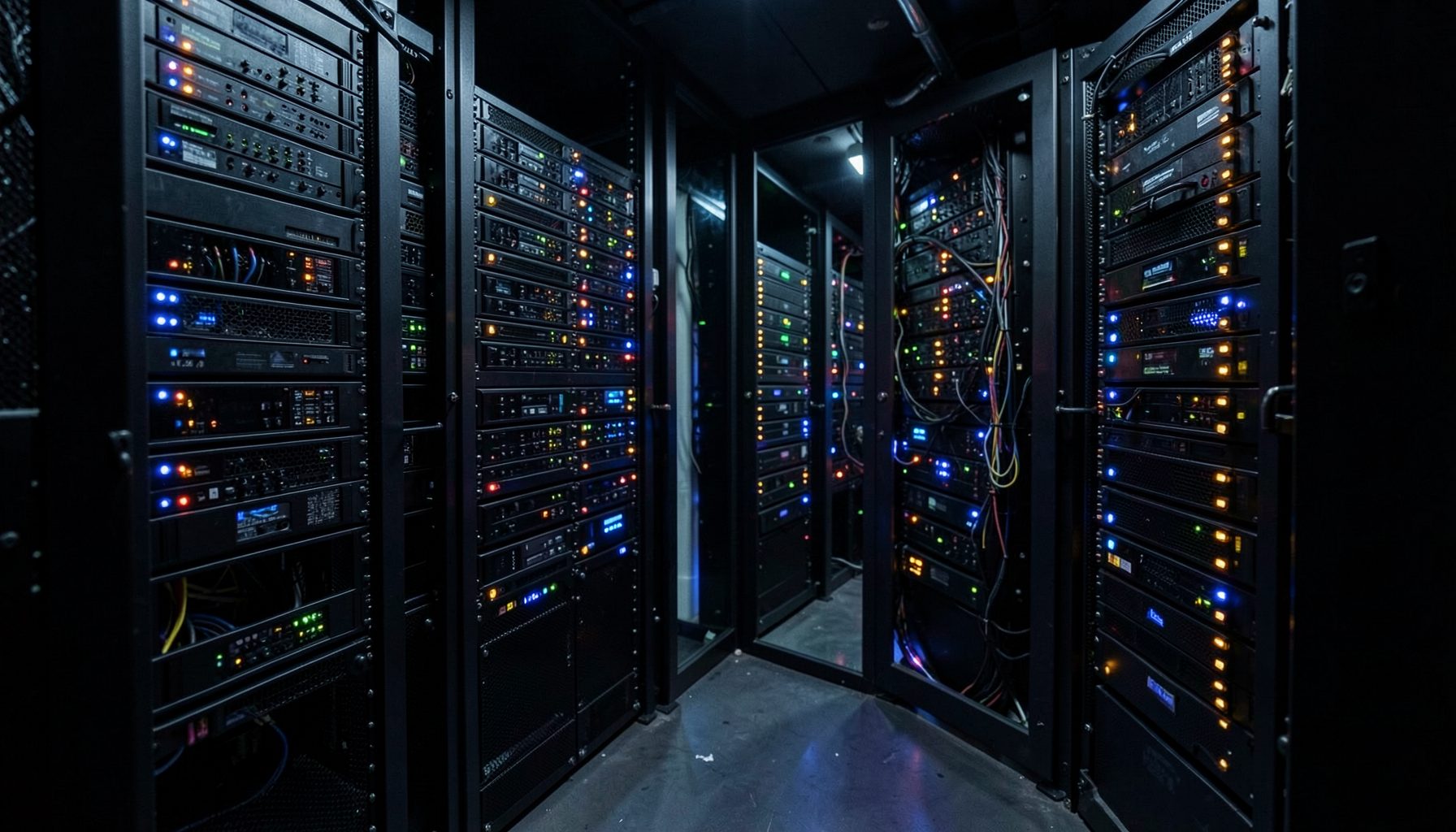 Dark server room with rows of rack-mounted equipment, cool blue and amber indicator lights glowing against black metal, conveying network security monitoring
